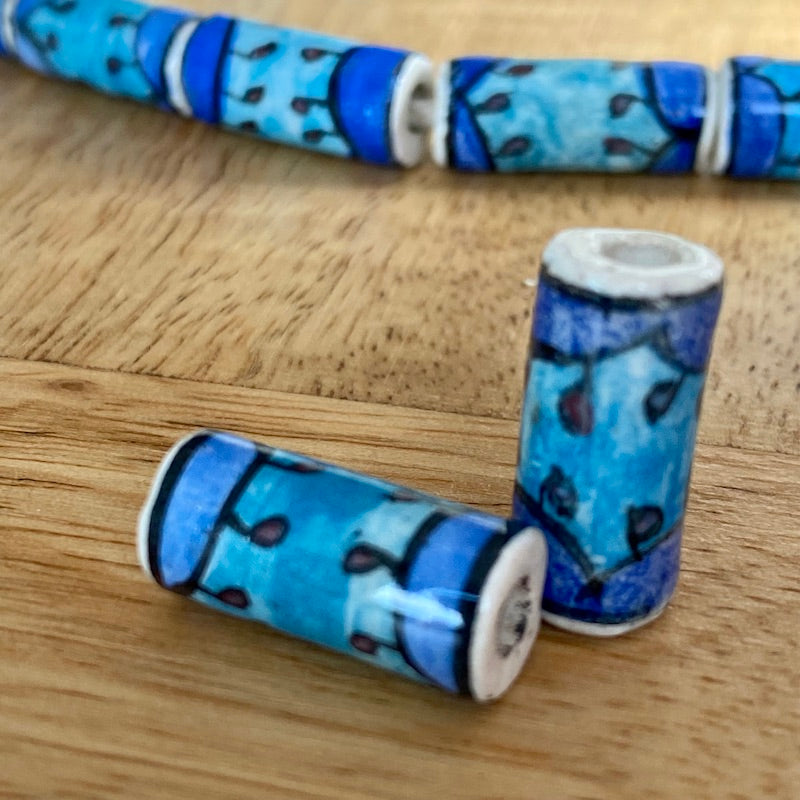 20x8mm Tube (5) - Raindrops - Ceramic Hand Painted Vintage Beads