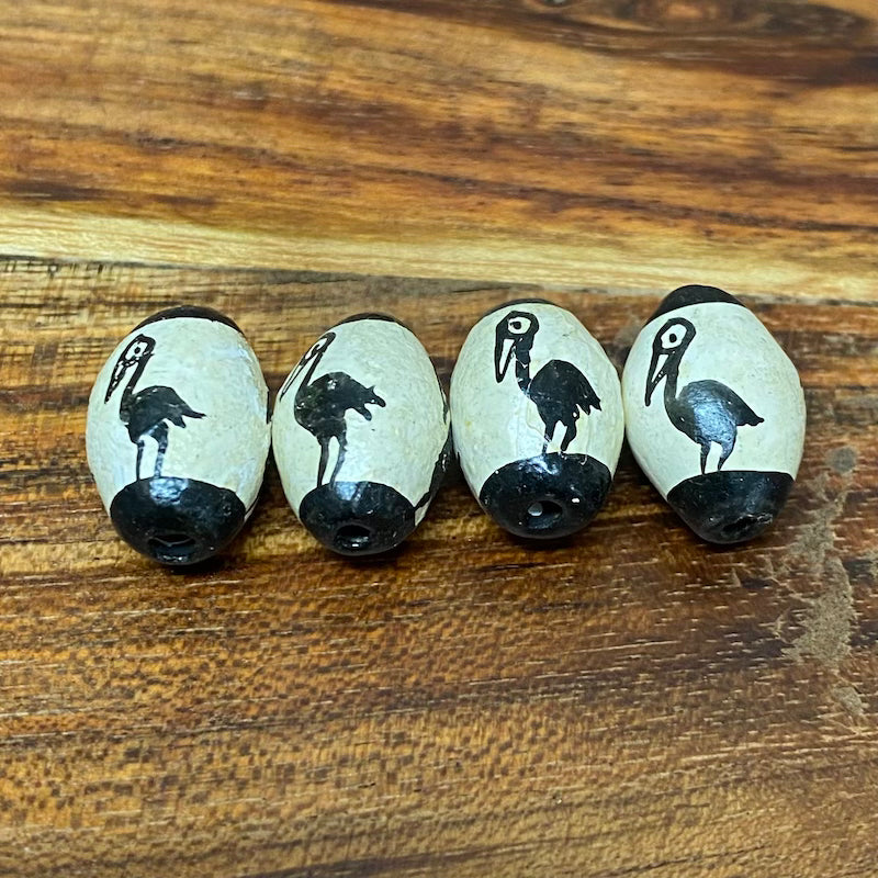 20x12mm Oval (5) - Pelicans - Clay Hand Painted Vintage Beads
