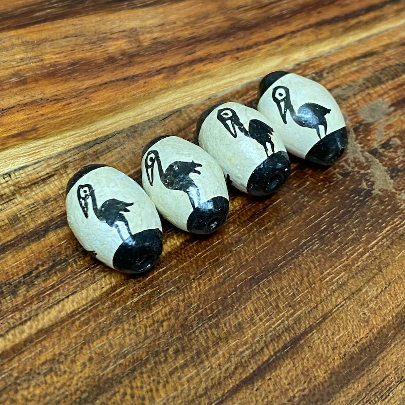 20x12mm Oval (5) - Pelicans - Clay Hand Painted Vintage Beads