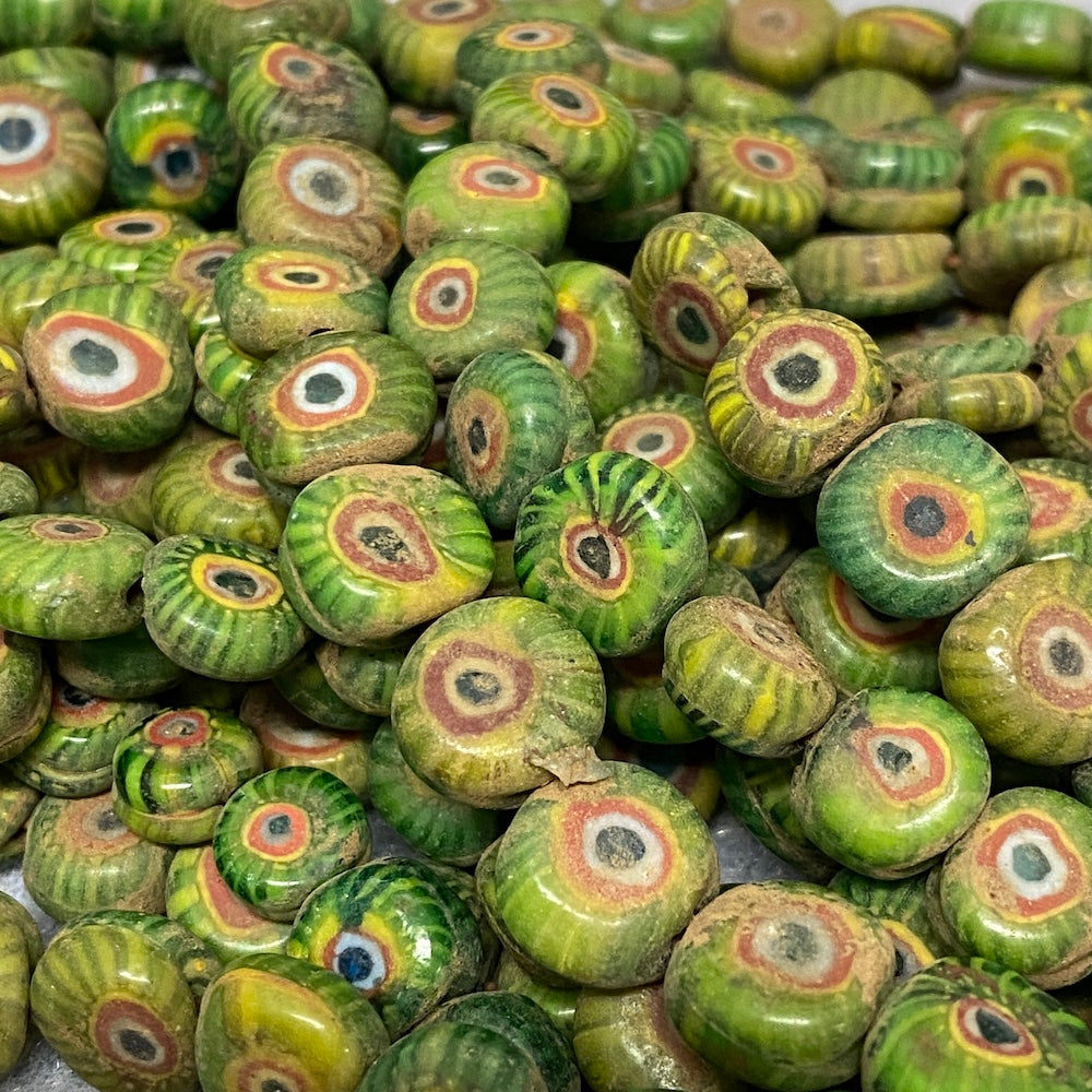 Evil Eye Beads (20) - Green w. Colours - Java Glass Cane Beads
