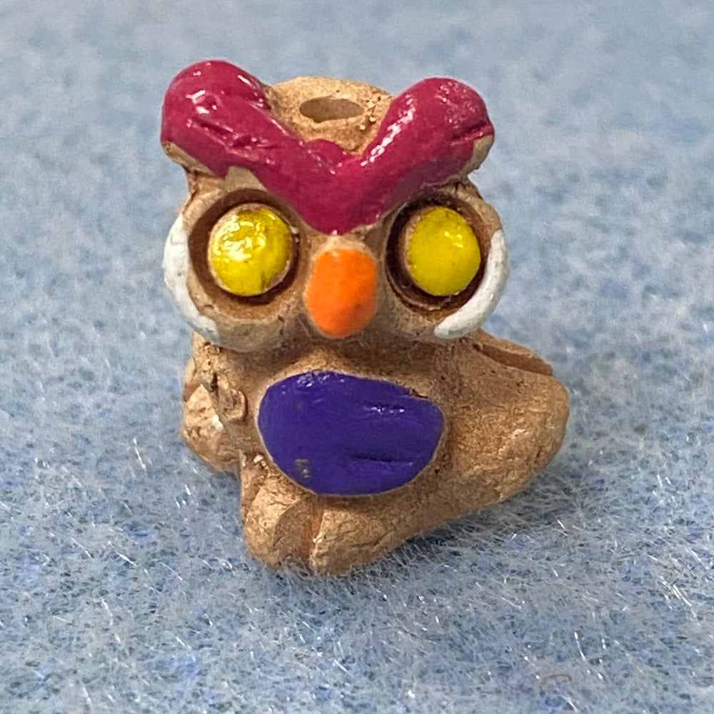 Rare Owl Bead (1) - Pink & Purple - Terracotta Clay Hand Painted Vintage Beads