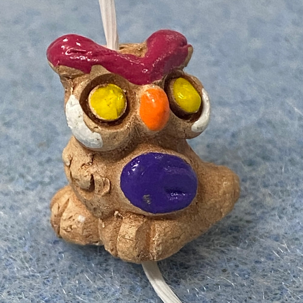 Rare Owl Bead (1) - Pink & Purple - Terracotta Clay Hand Painted Vintage Beads