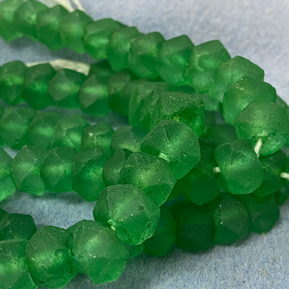 Rondelle - Grass Green Frosted Transparent - Java Recycled Glass Beads - (1 strand)