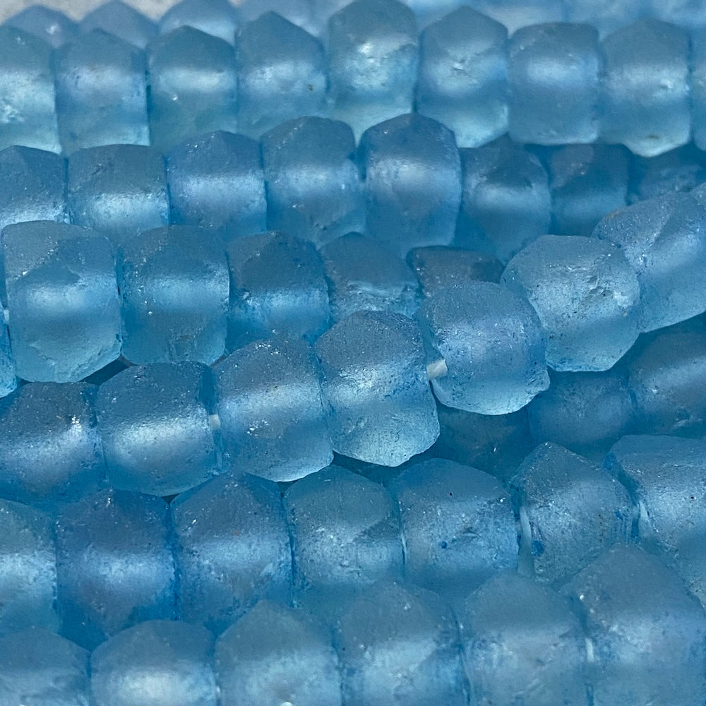Rondelle - Blue Frosted Transparent - Java Recycled Glass Beads - (1 strand)