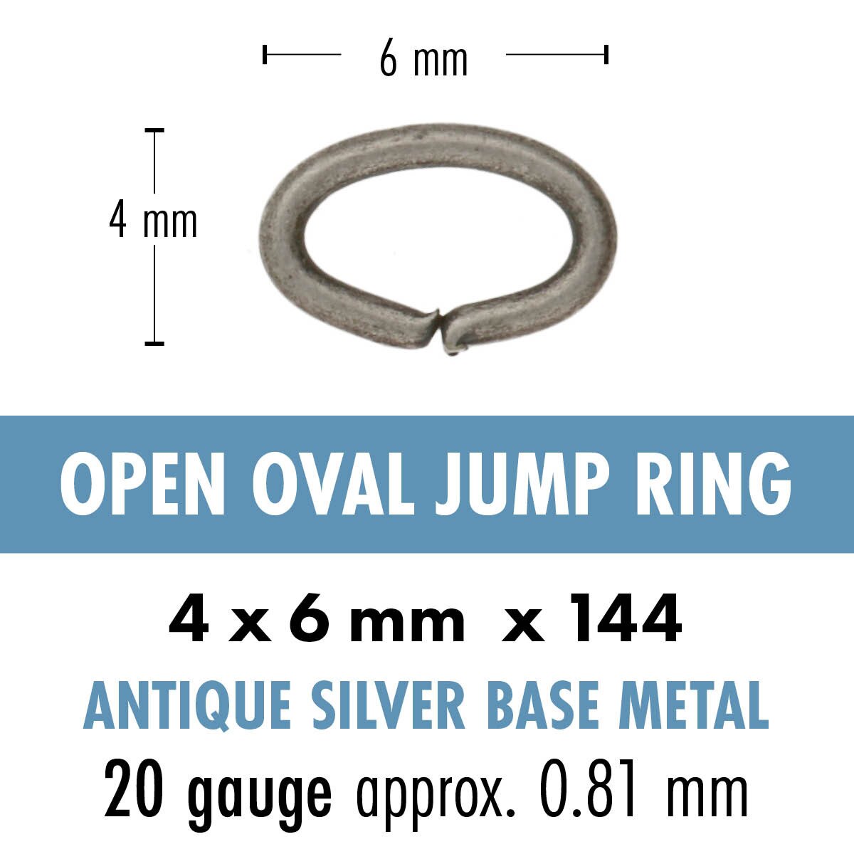 Open oval jump ring with dimensions and material details on a white background