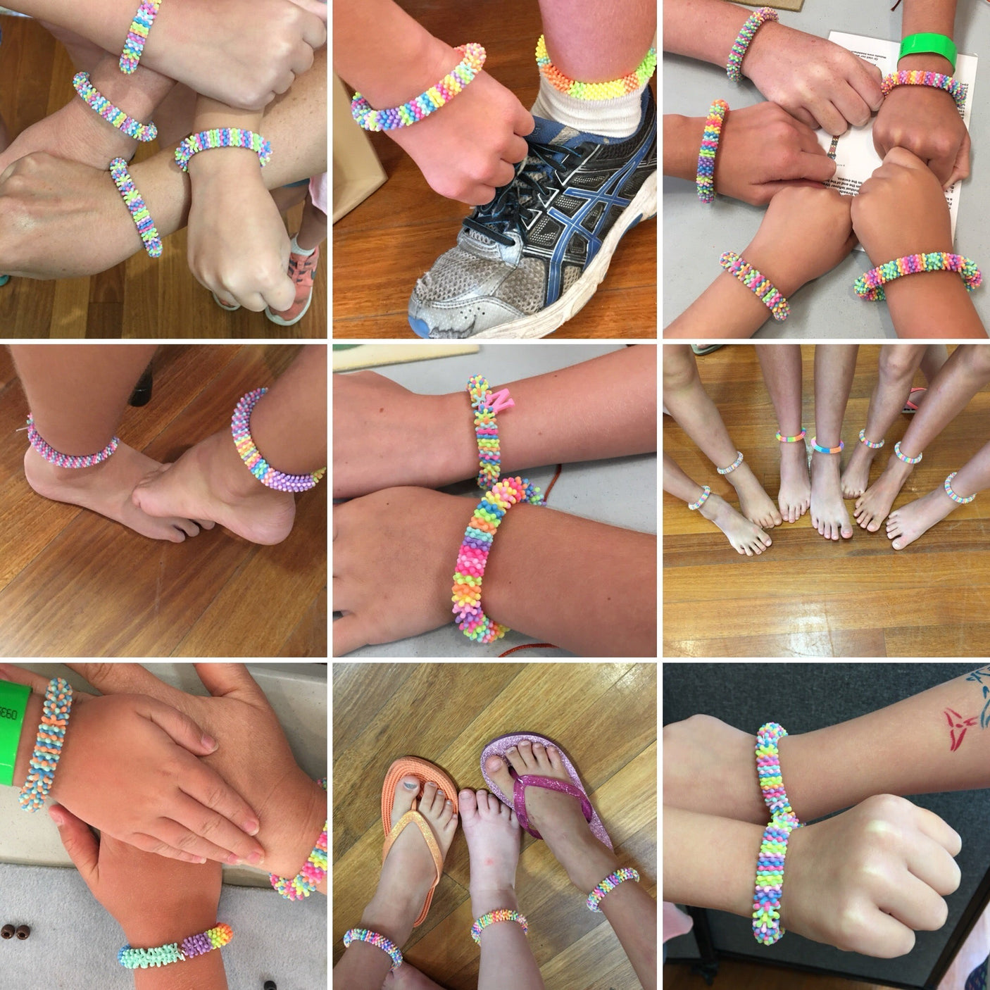 9 collated photos showing bracelets and anklets made by children wearing them on ankles and wrists