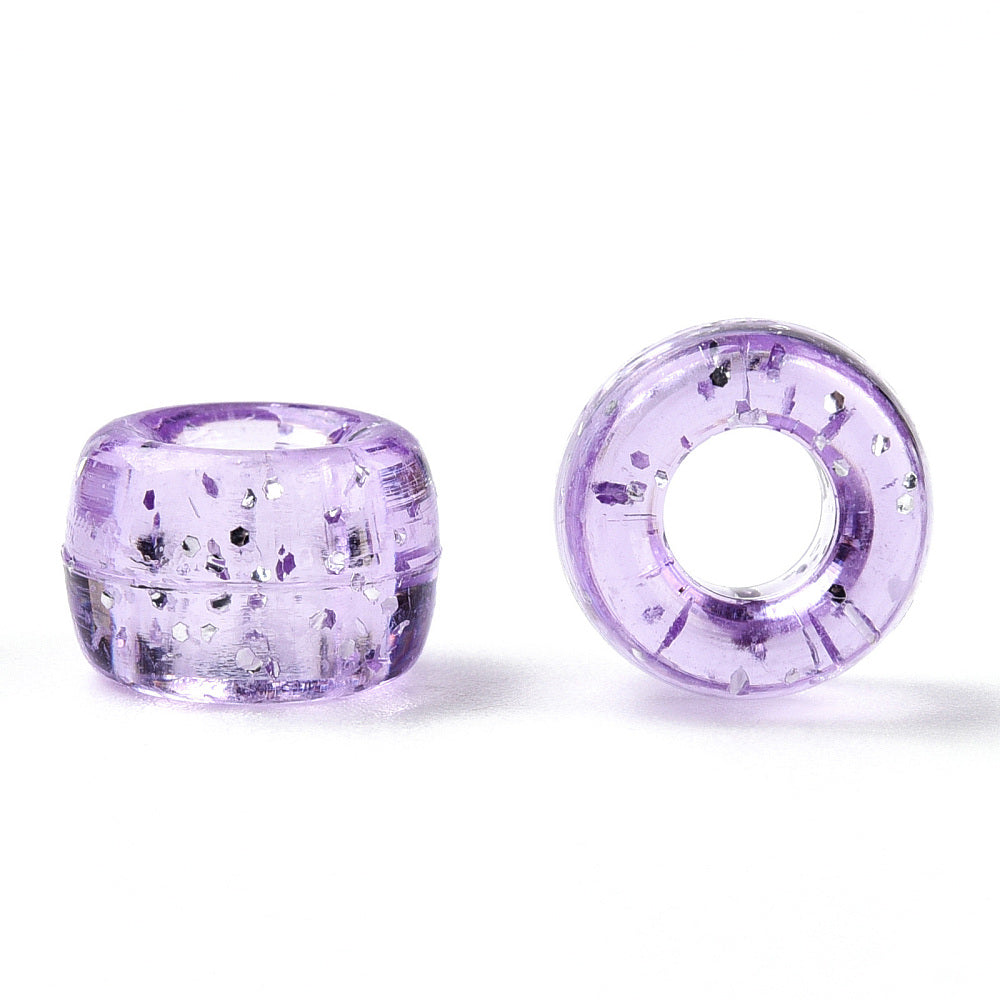 A pair of 9mm purple glitter pony beads with a large hole, displayed on a white background.
