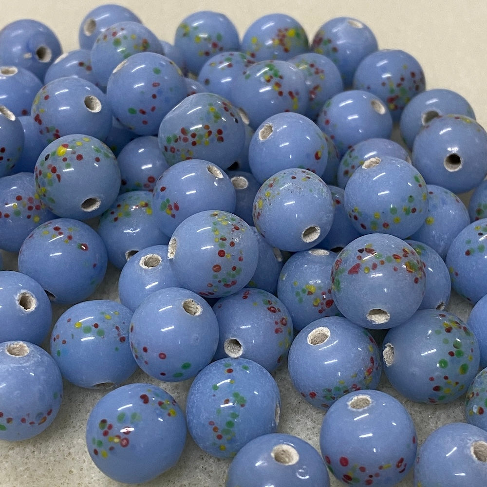 12mm Round (10) - Light Blue w. Rolled Crumb - Vintage Glass Lampwork Beads