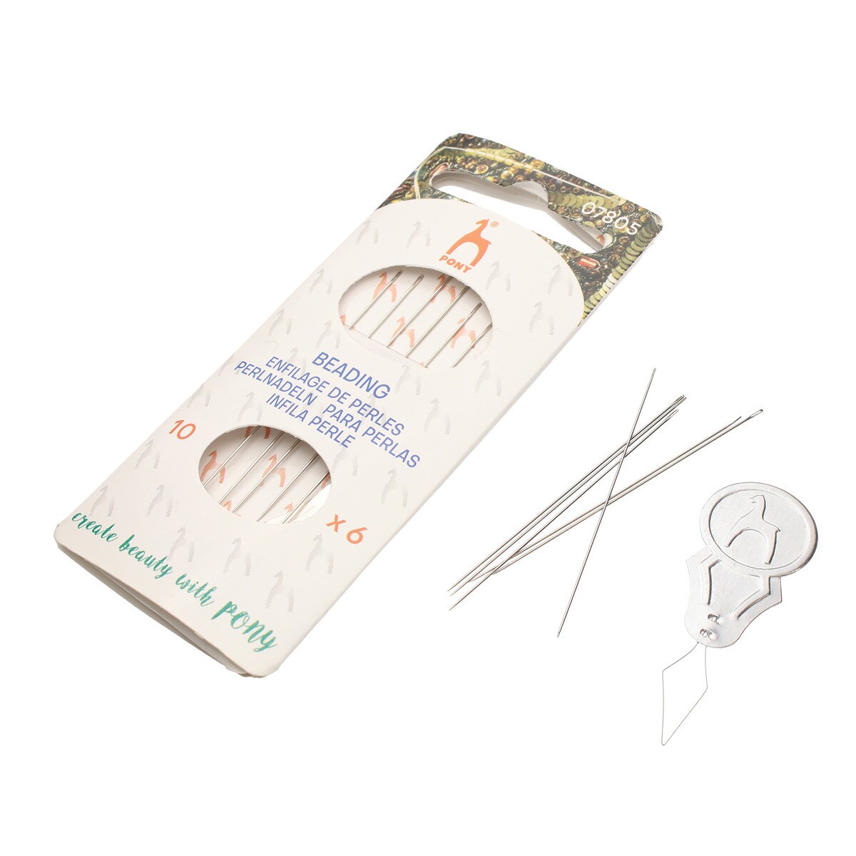 Packaging for Pony Beading Needles showing six size 10 beading needles and a needle threader, with the brand logo and the text 'create beauty with PONY'.