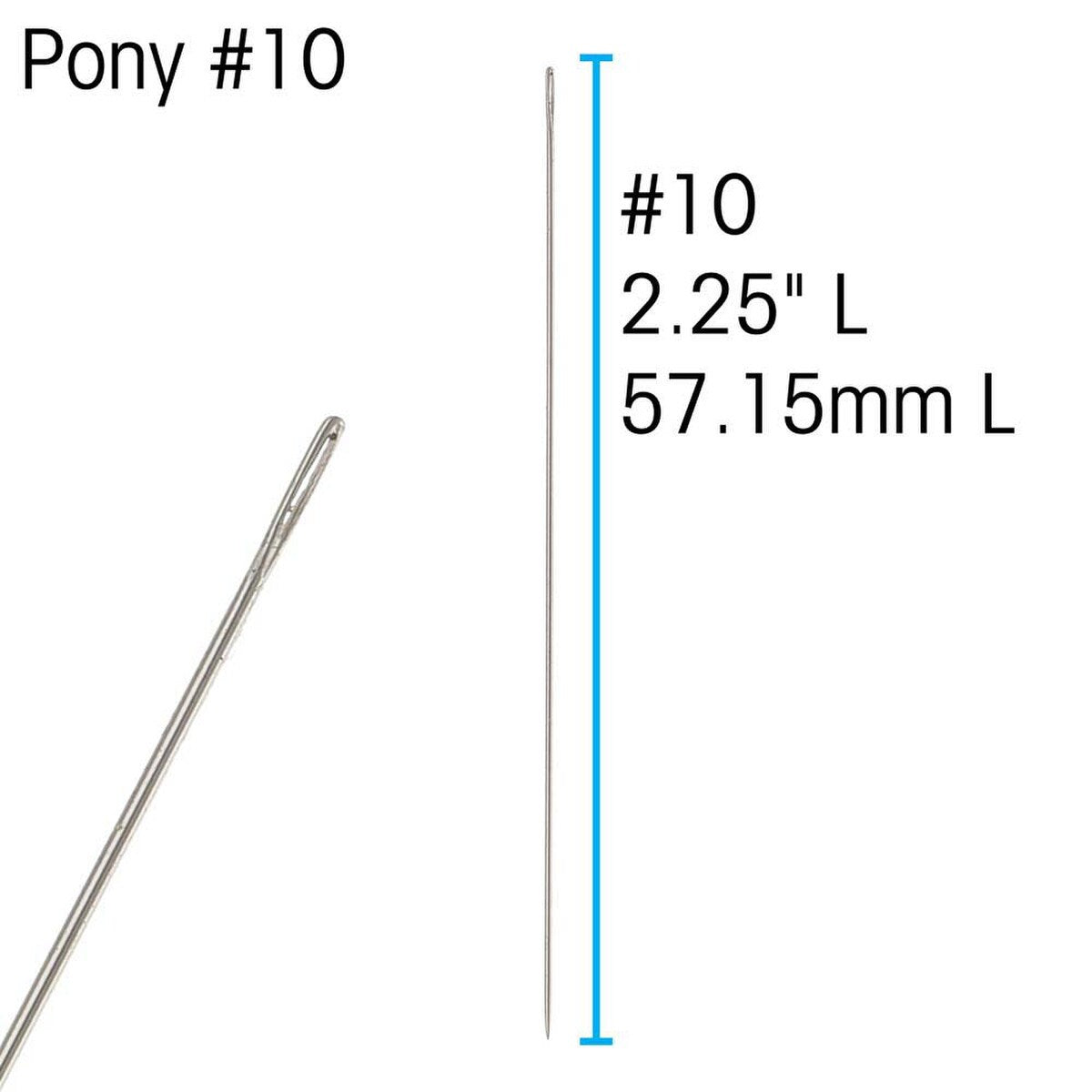hard beading needle in size 10 showing the dimensions of the length and size on a white background