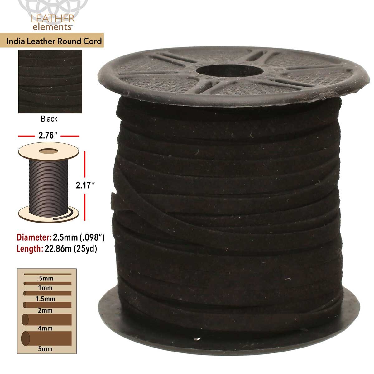 Spool of black leather round cord with specifications on a white background