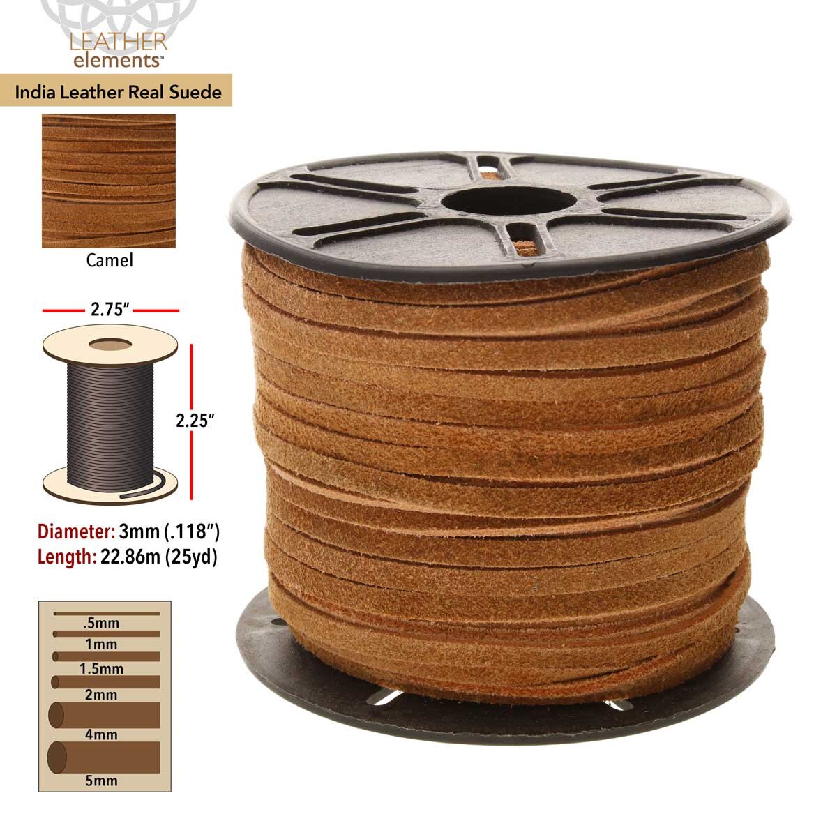 Spool of India Leather Real Suede with measurements and color swatch on a white background