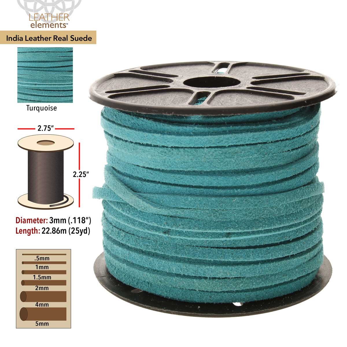 Spool of turquoise leather elements with measurements and product details on a white background