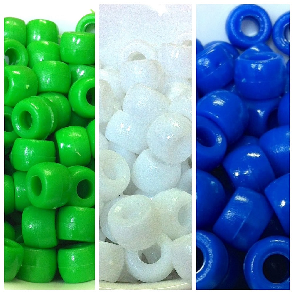 Three packs of 9mm acrylic pony beads in green, white, and blue colors, each pack contains 1000 beads.