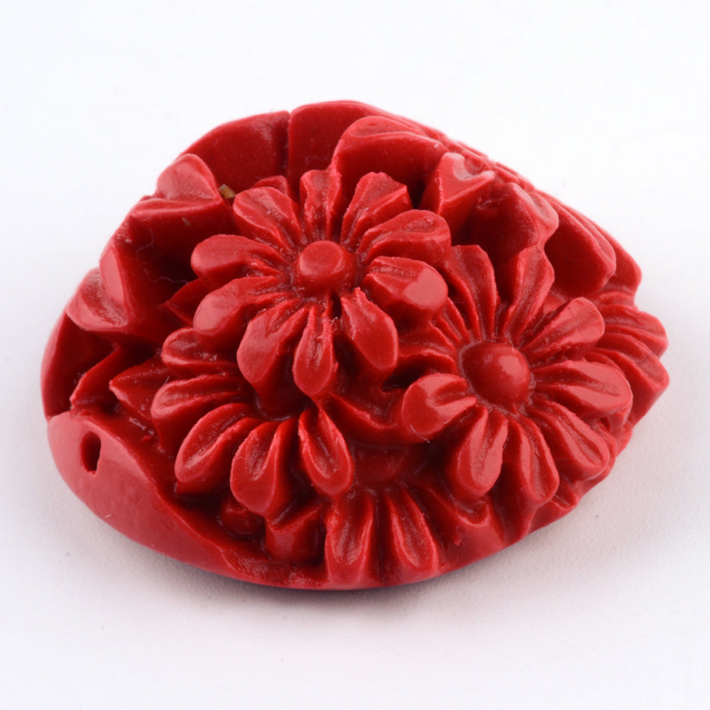 30mm Floral Joiner (1) - Red - Cinnabar Oriental Carved Bead