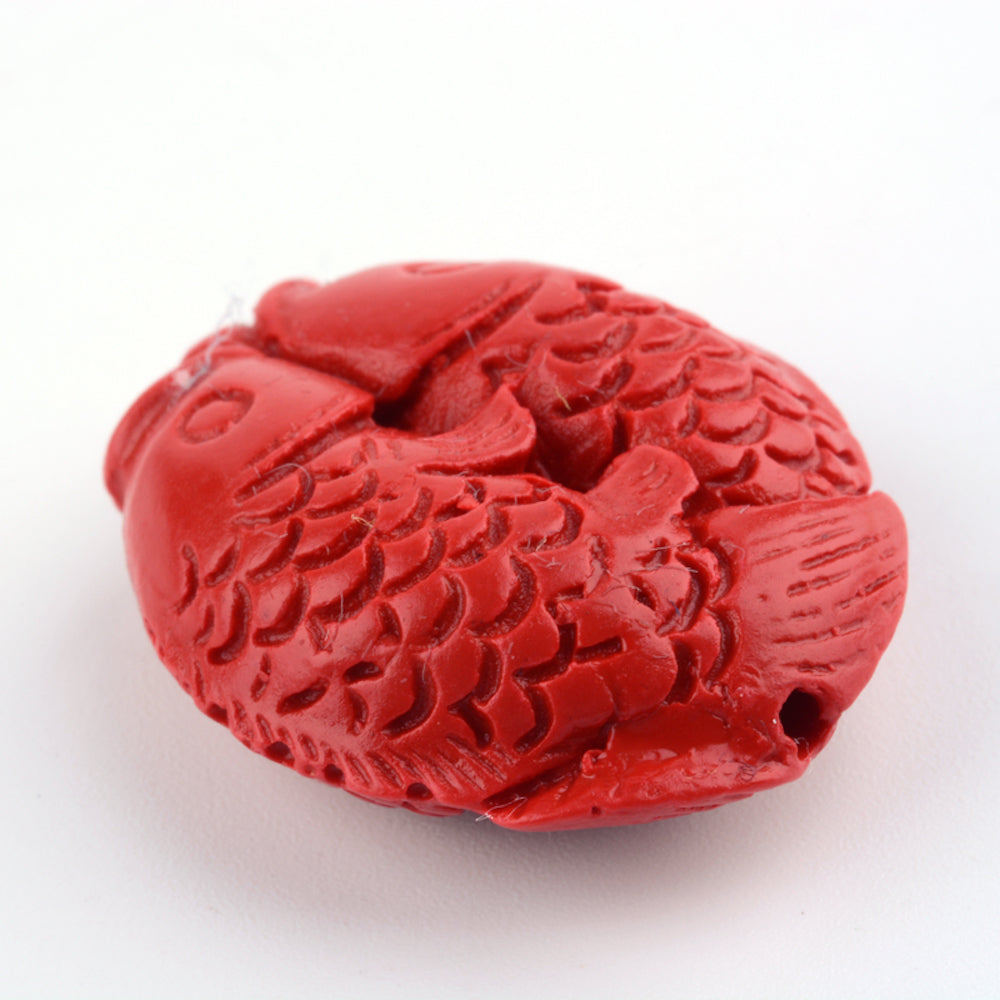 25mm Double Fish (2) - Red - Cinnabar Oriental Carved Bead