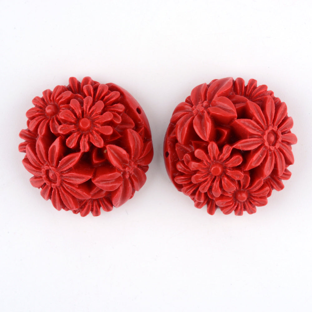 30mm Floral Joiner (1) - Red - Cinnabar Oriental Carved Bead