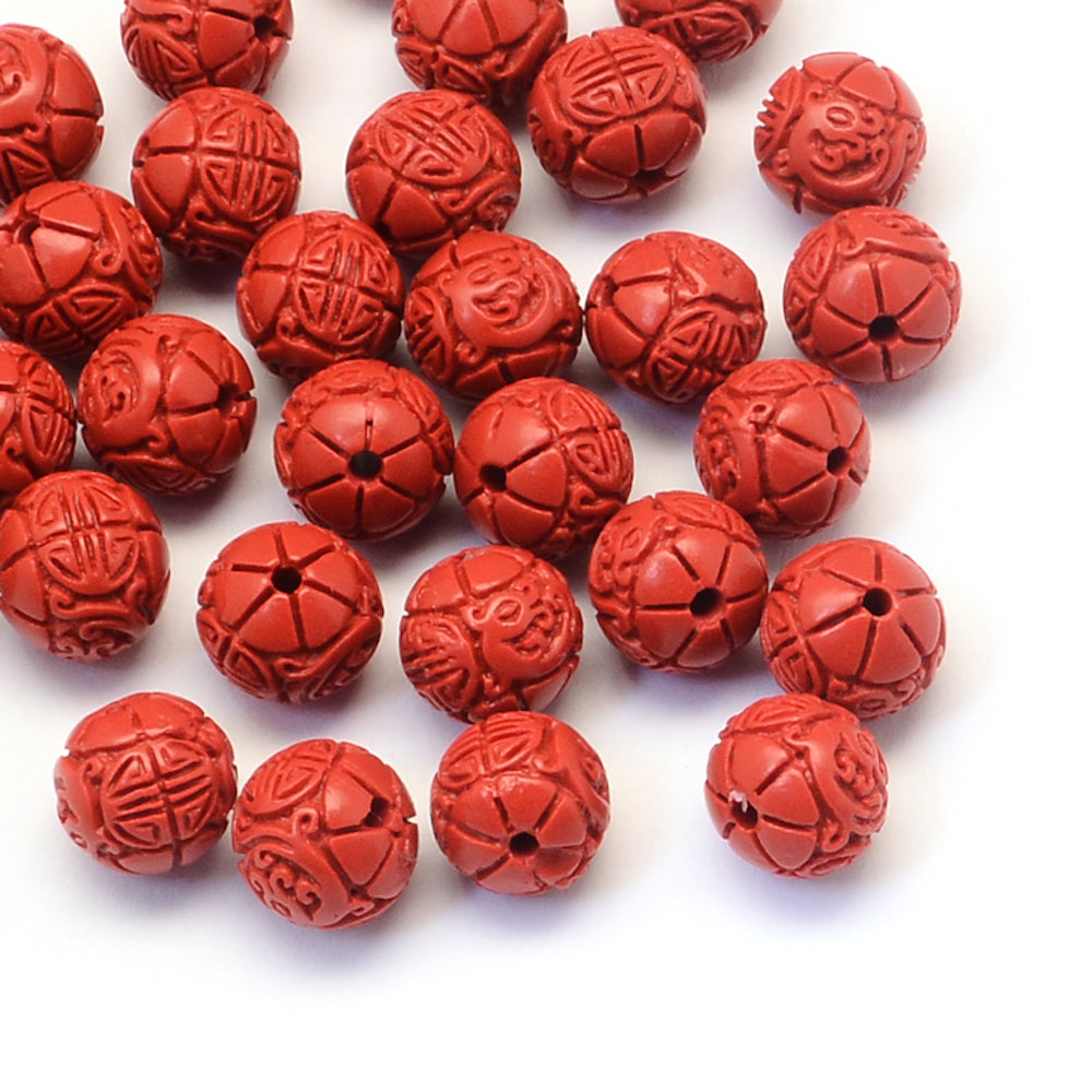 8mm Round (10) - Red - Cinnabar Oriental Carved Bead