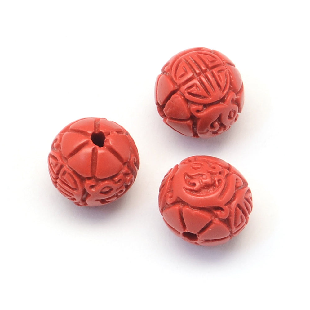 8mm Round (10) - Red - Cinnabar Oriental Carved Bead