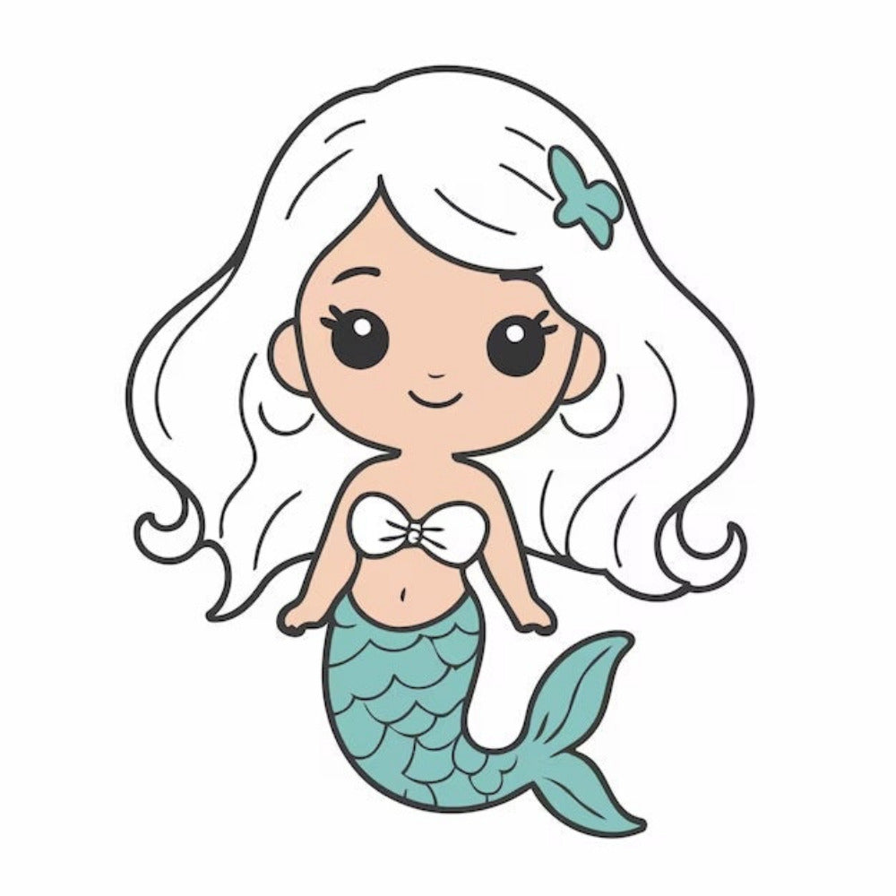 Cartoon mermaid with white hair and a green tail on a white background