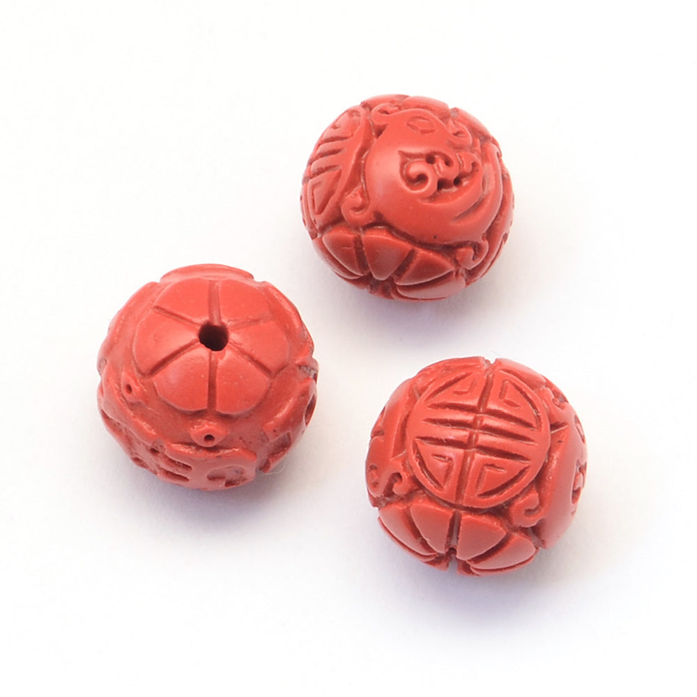 8mm Round (10) - Red - Cinnabar Oriental Carved Bead