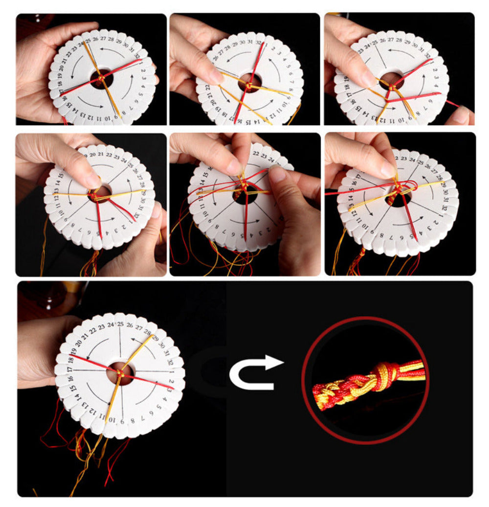 a collage showing instructions and pictures on how to make kumihimo weaving projects