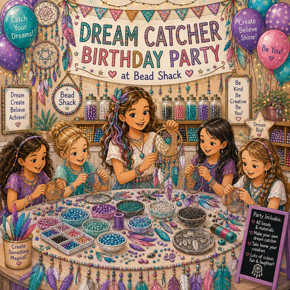 A colorful illustrated scene of four girls crafting at a table with beads, feathers, and dreamcatchers under a banner that reads 'Dream Catcher Birthday Party at Bead Shack.' There is a table showing lots of colourful beads and feathers being used for the project, with a backdrop of party balloons.