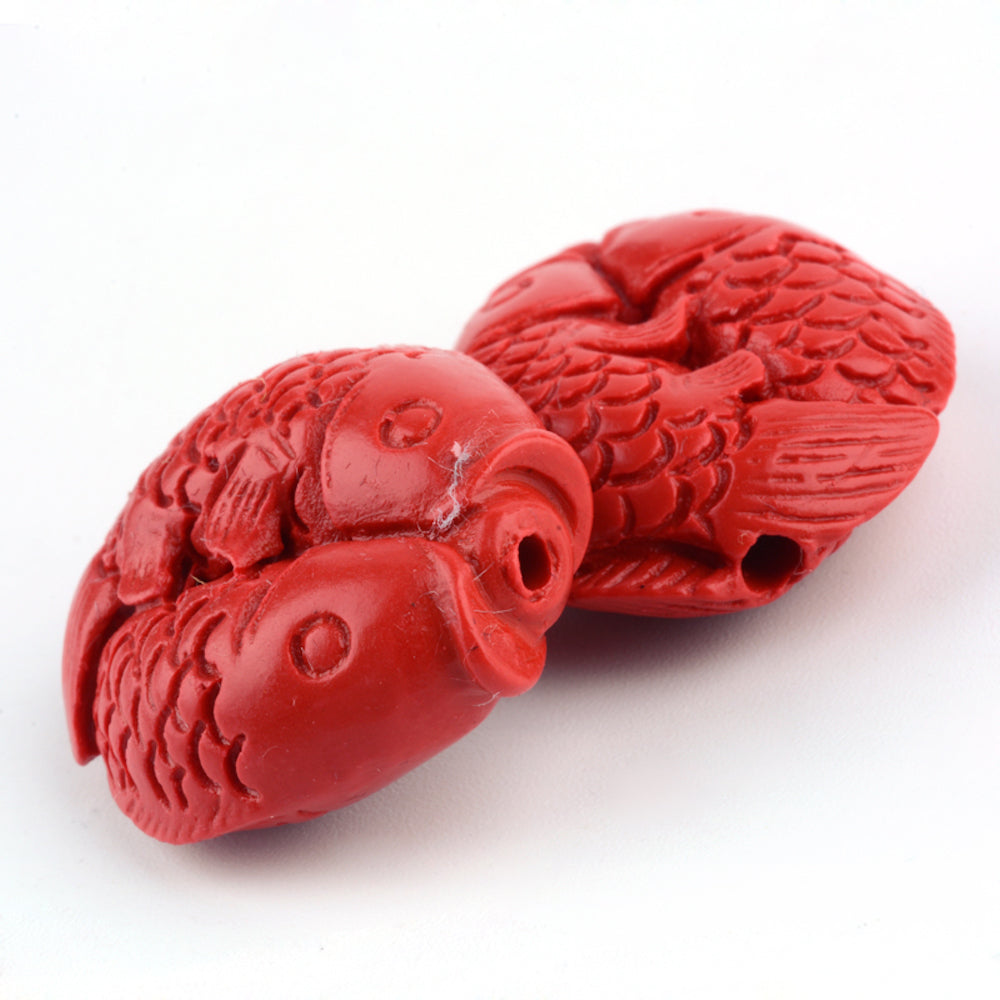25mm Double Fish (2) - Red - Cinnabar Oriental Carved Bead