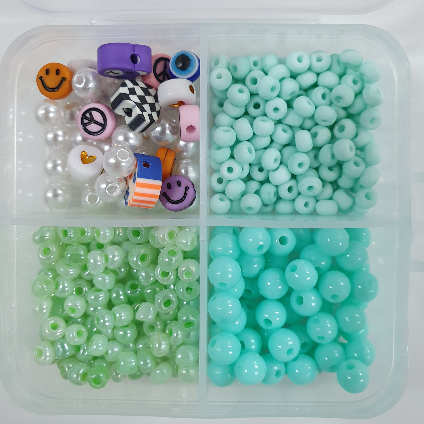 Assorted beads in a clear plastic container with compartments.