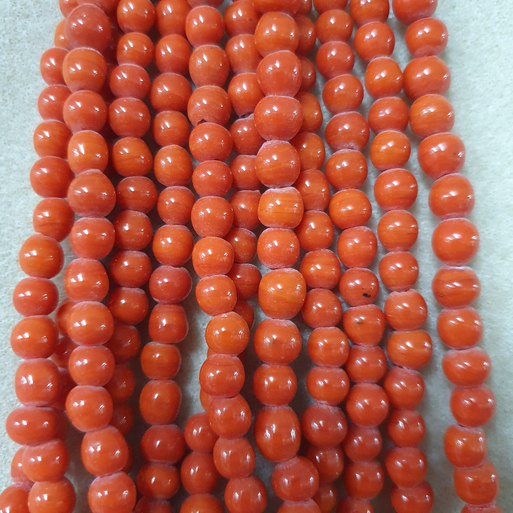 6~7mm Round - Orange/Red Opaque - Java Glass Lampwork Beads - (1 strand)