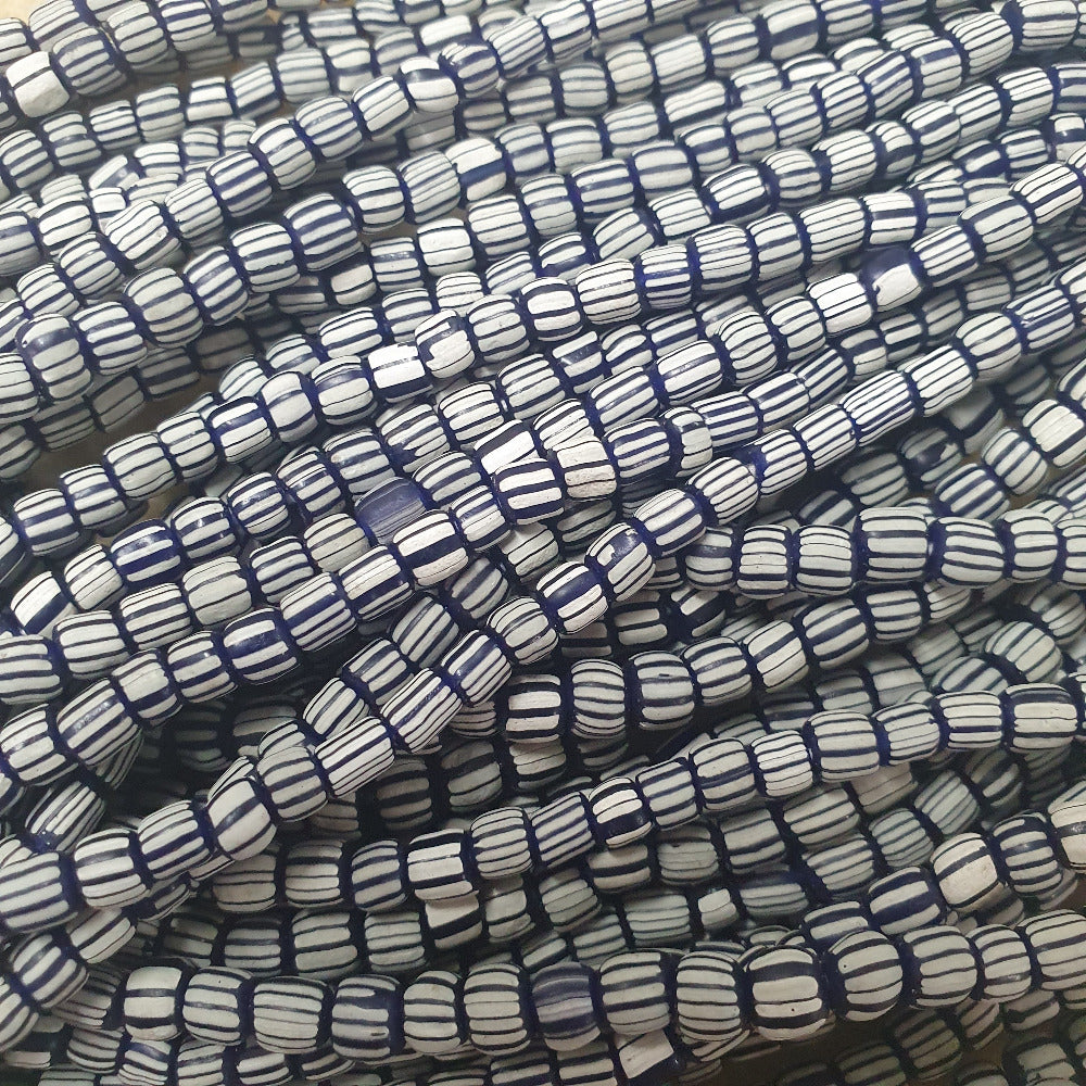 4~5mm Gooseberry - Sapphire Blue w. Double White - Java Glass Beads - (1 strand)