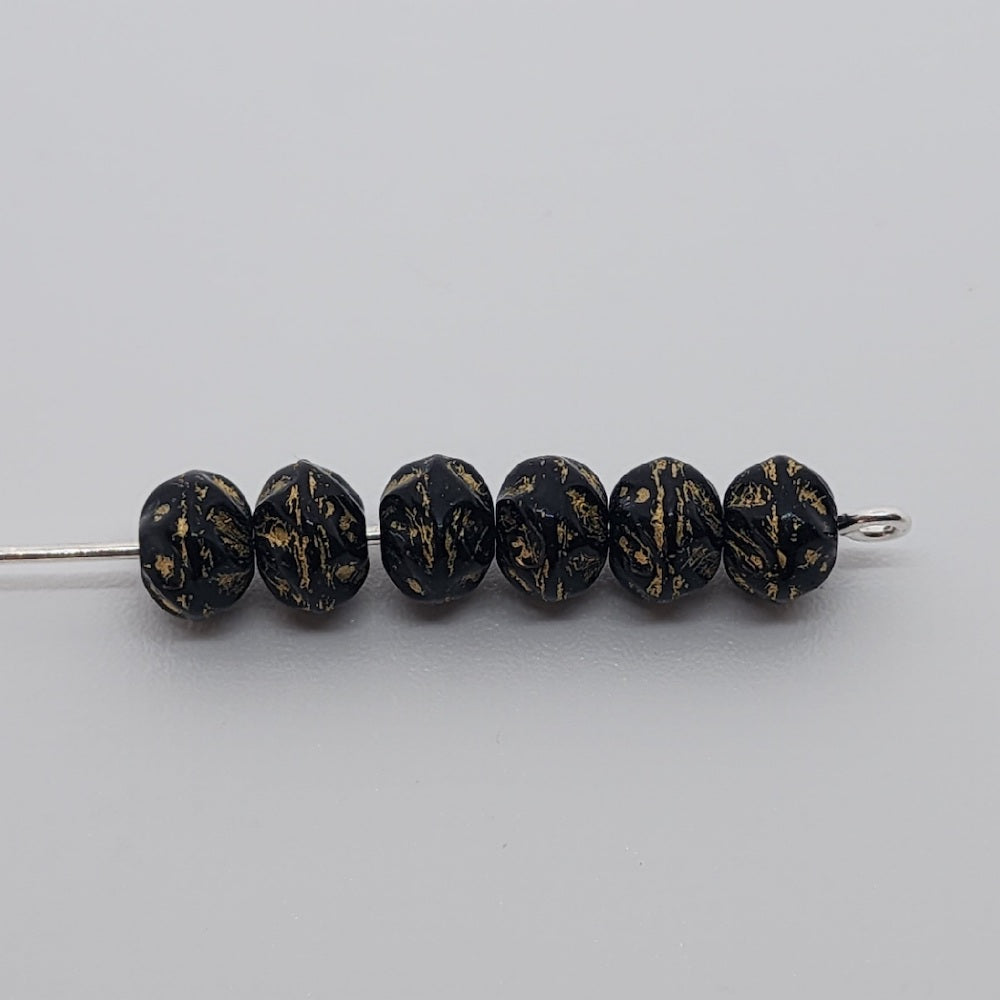 5x6mm Rondelle (25) - Black Opaque w. Gold - Vintage Czech Glass Beads