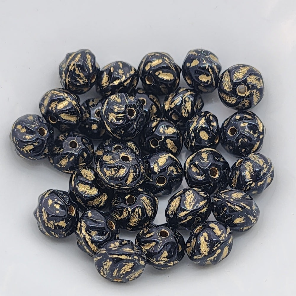 5x6mm Rondelle (25) - Black Opaque w. Gold - Vintage Czech Glass Beads