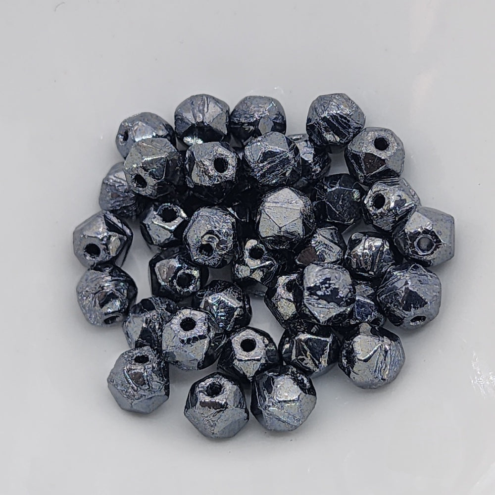 5mm Facet Round (50) - Gunmetal Lustre - Vintage Czech Glass Beads