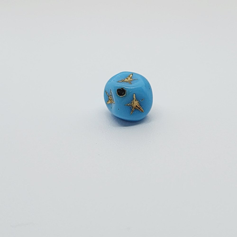 6mm Cube (25) - Light Blue Opaque w. Gold Star - Vintage Czech Glass Beads - Bead Shack