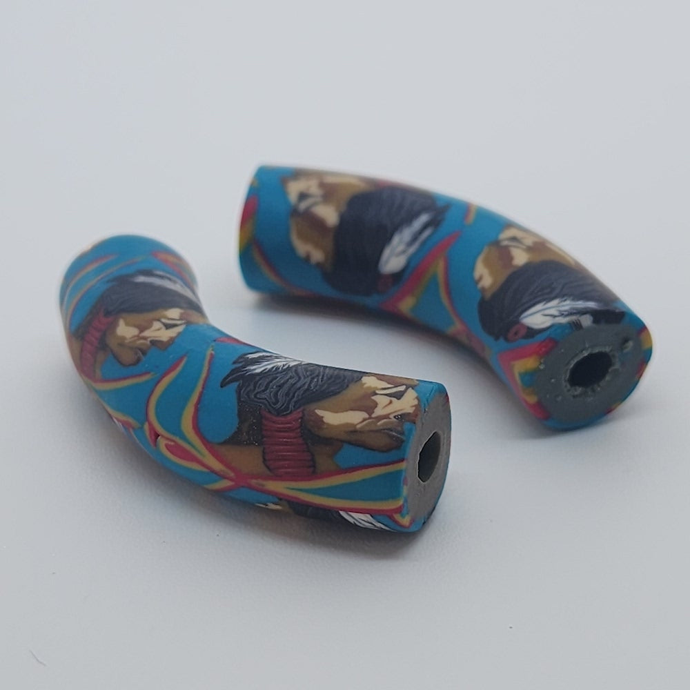 36x10mm Elbow Fimo Beads (10) - Indian Face w. Feathers