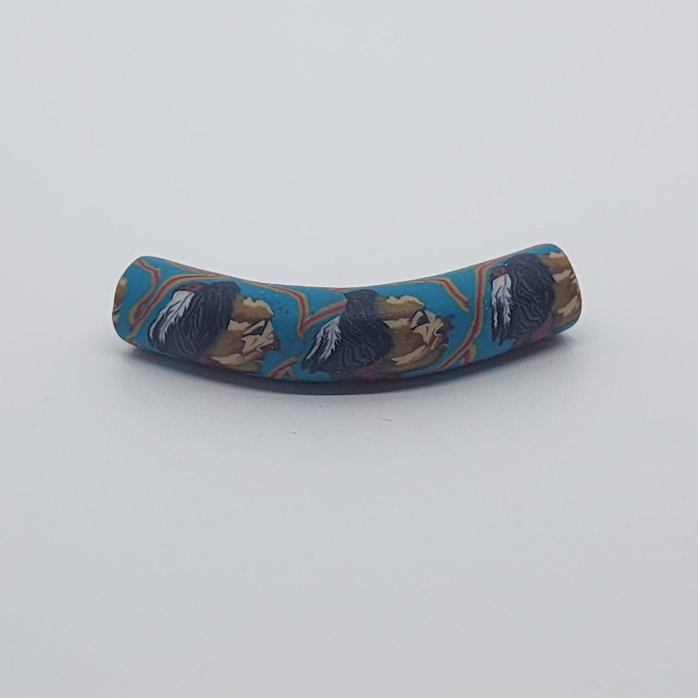 35x7mm Elbow Fimo Beads (10) - Indian Face w. Feathers