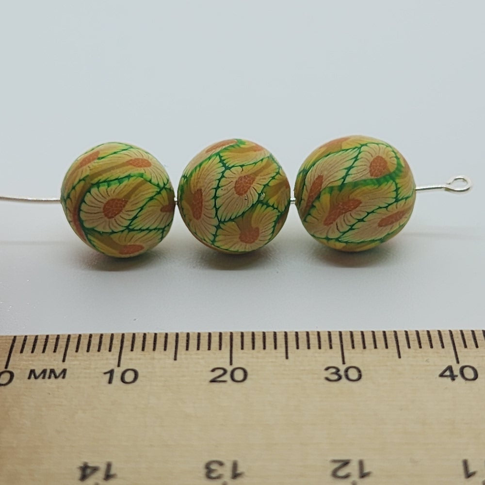12mm Round Fimo Beads (10) - Yellow Flower on Green