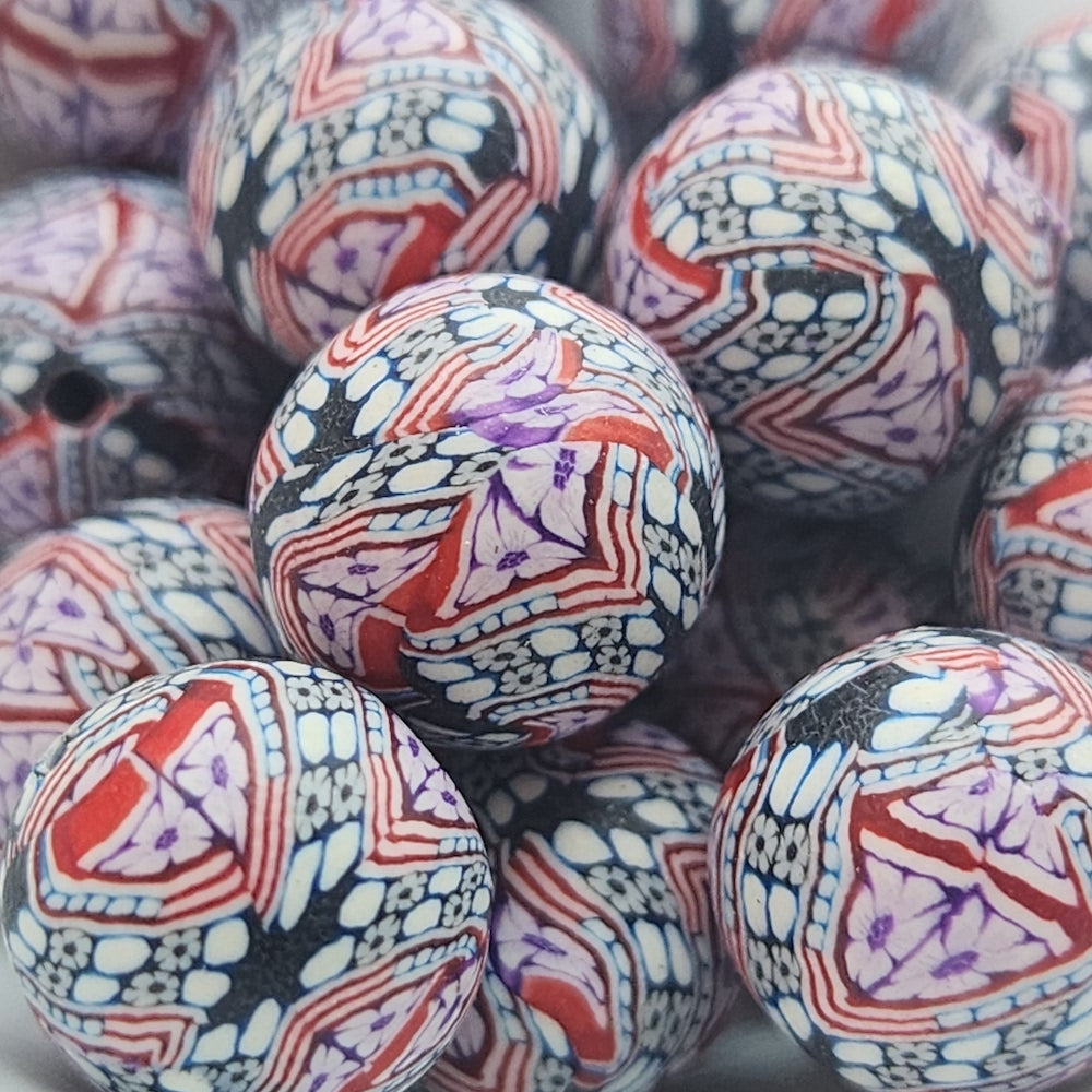 12mm Round Fimo Beads (10) - Stripes w. Flowers