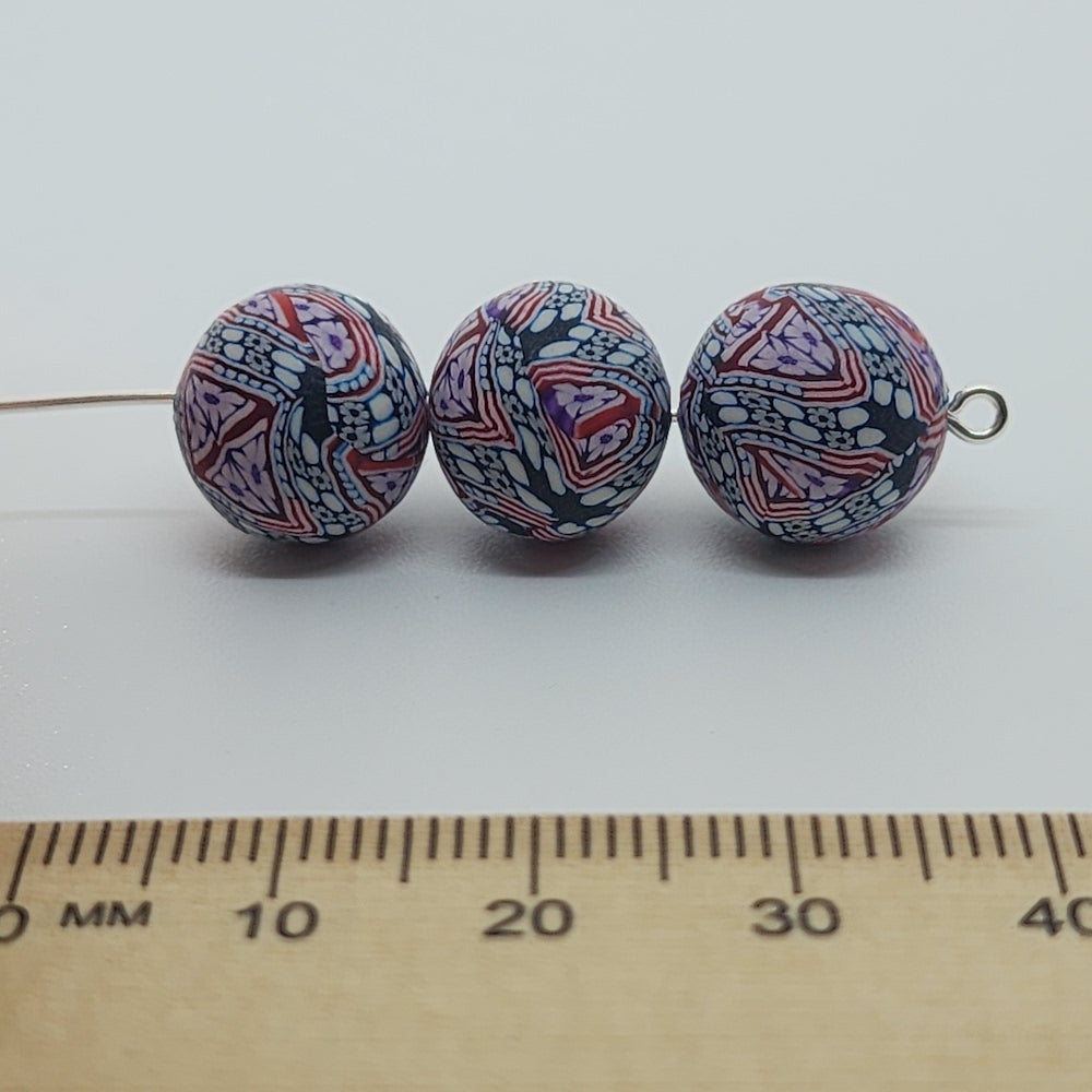 12mm Round Fimo Beads (10) - Stripes w. Flowers