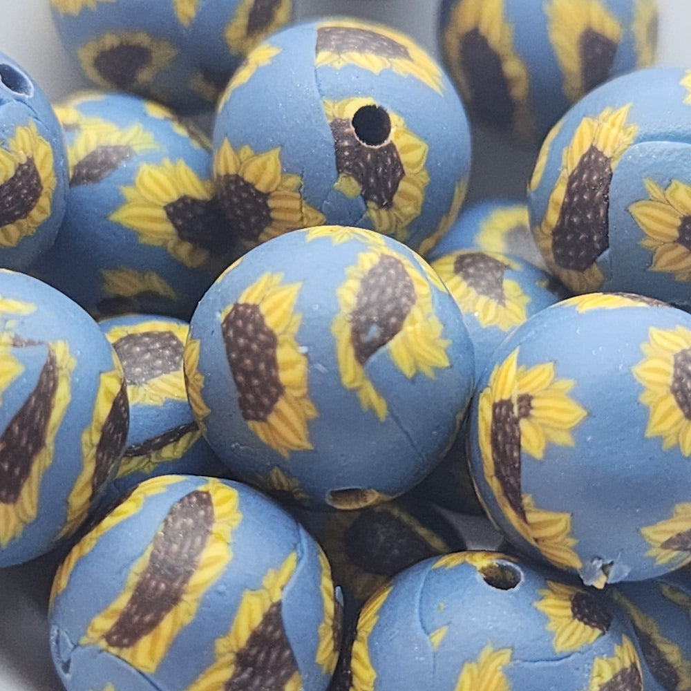 12mm Round Fimo Beads (10) - Sunflower on Blue background