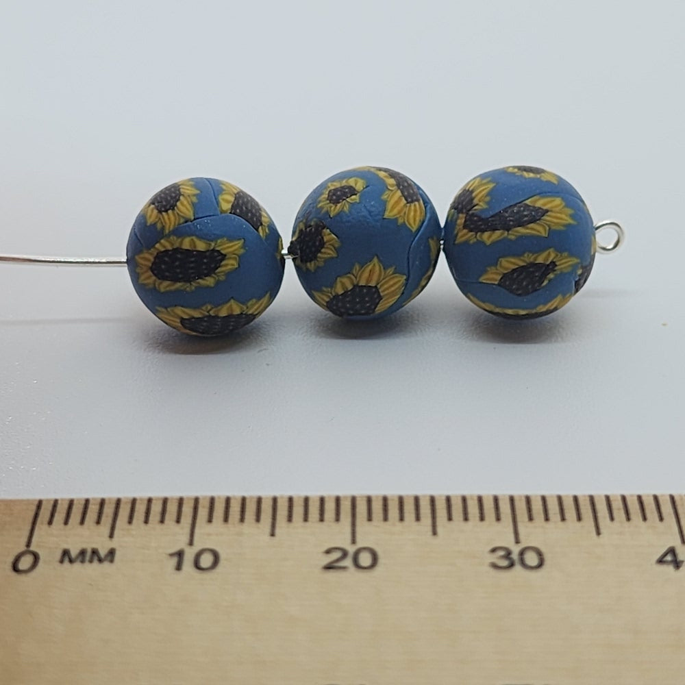 12mm Round Fimo Beads (10) - Sunflower on Blue background