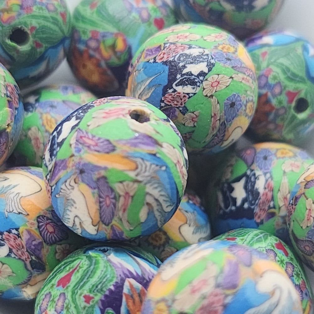 12mm Round Fimo Beads (10) - Dove w. Moon & Flowers