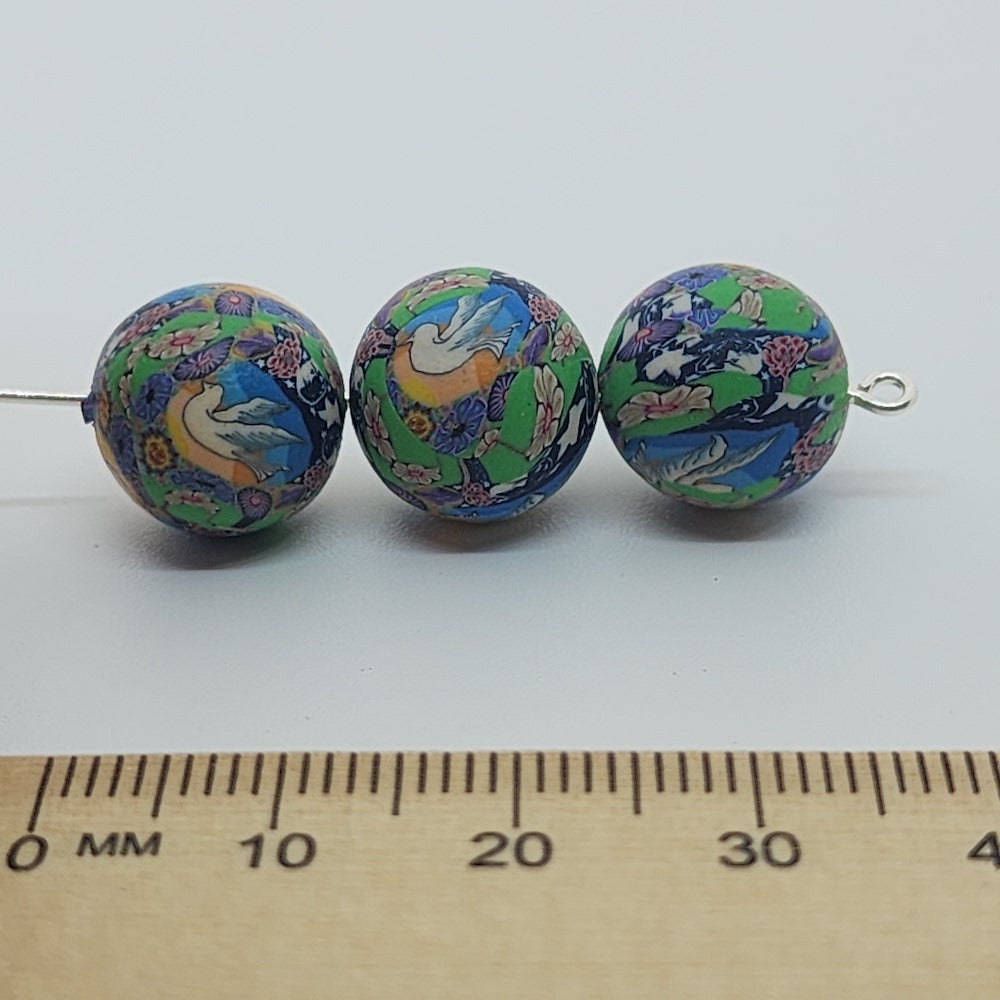12mm Round Fimo Beads (10) - Dove w. Moon & Flowers