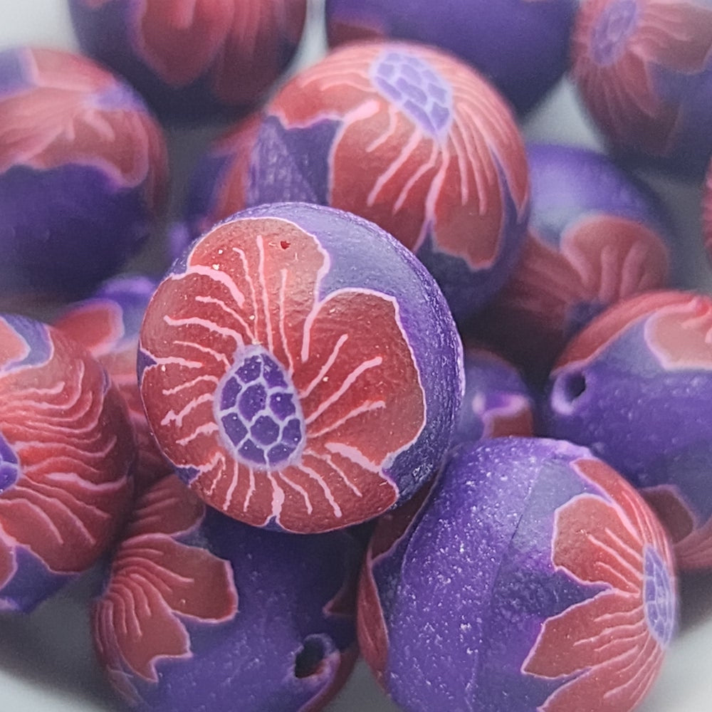 12mm Round Fimo Beads (10) - Red Flowers on Purple