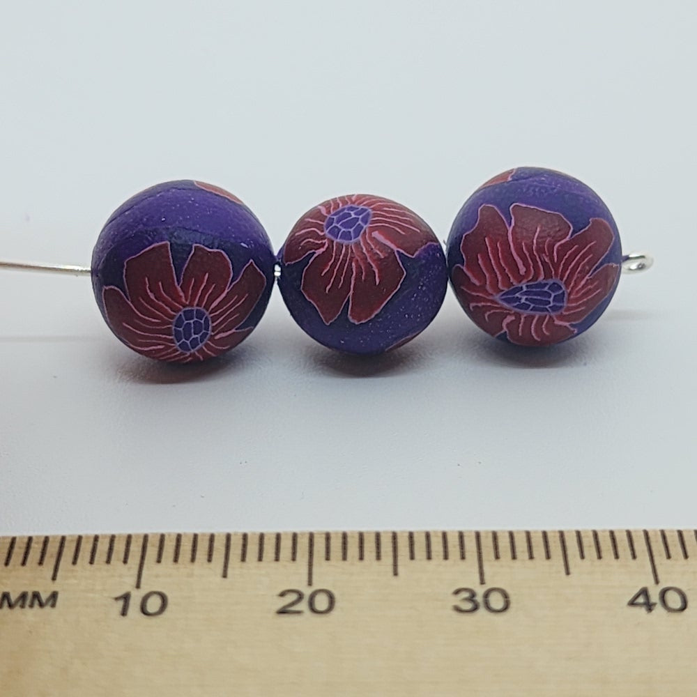 12mm Round Fimo Beads (10) - Red Flowers on Purple