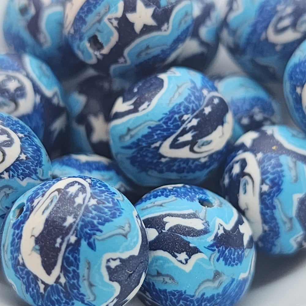 12mm Round Fimo Beads (10) - Moon Face w. Leaping Dolphins & Stars