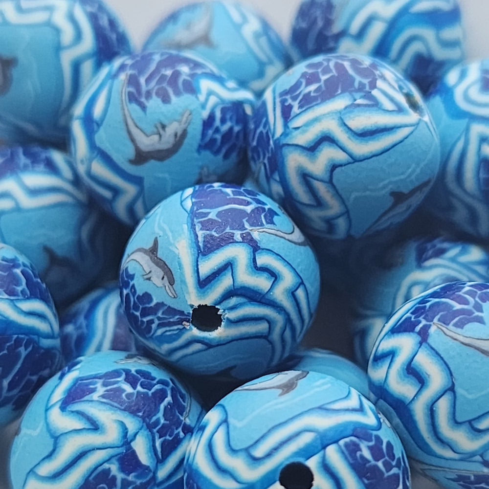12mm Round Fimo Beads (10) - Dolphin Diving