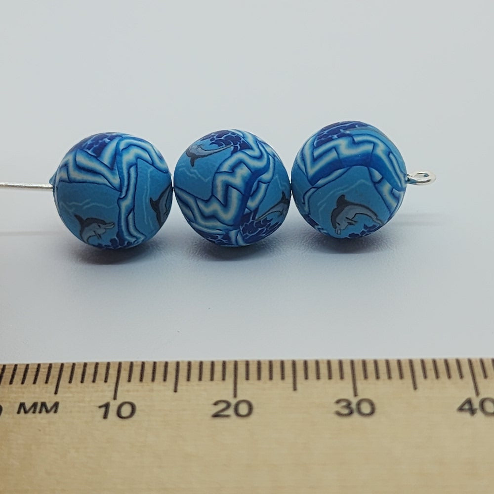 12mm Round Fimo Beads (10) - Dolphin Diving