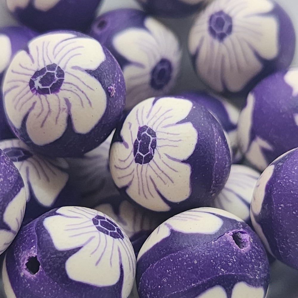 12mm Round Fimo Beads (10) - White Single Flowers on Purple